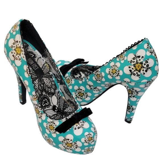 IRON FIST- Platform Pumps Turquoise Skull Daisy Pattern NWOT SZ 5M - Picture 1 of 6